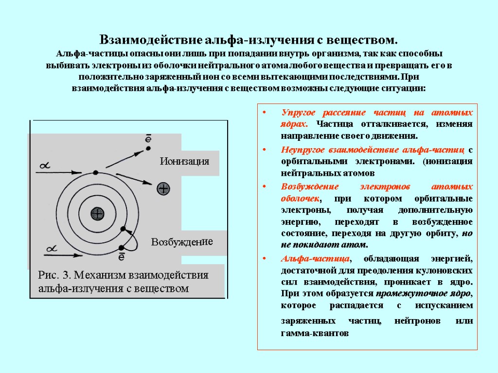 Упругое рассеяние частиц на атомных ядрах. Частица отталкивается, изменяя направление своего движения. Неупругое взаимодействие